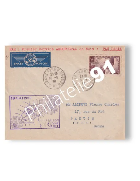 France, enveloppe 1er vol postal de nuit "Pau-Paris", lettres France