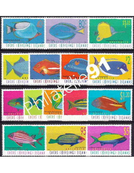 Iles Cocos, Lot de 4 séries thématiques poissons, timbres Océanie
