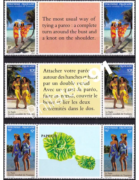 POLYNESIE, n° 365A à 367A, 3 Paires avec vignette, timbres Dom-Tom