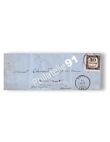 Timbre-taxe n° 2 oblitéré seul sur lettre, collection lettres France