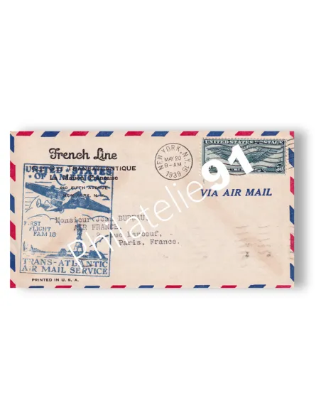 États-Unis, enveloppe du 1er vol tansatlantique postal, Lettres Monde