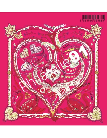 Feuille de 5 timbres Saint Valentin. De tout cœur, Hermès.