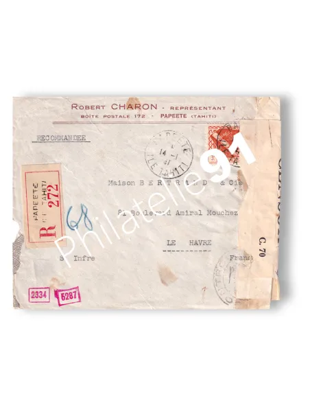 Océanie, Enveloppe Recommandée pour la France, censurée, Colonies