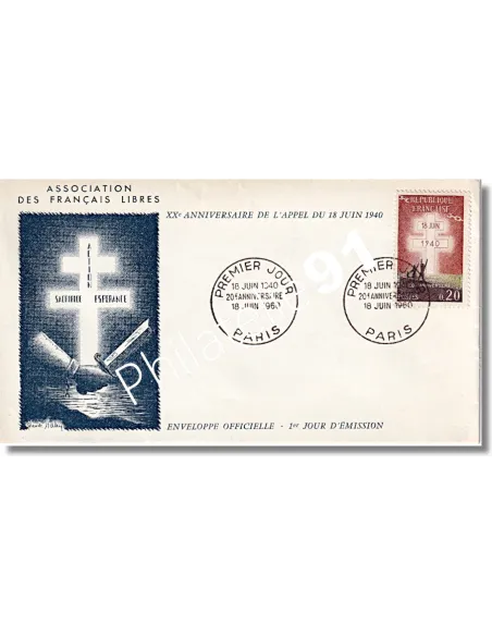 timbre n° 1264 sur enveloppe 1er jour, Appel du 18 juin, 1er jour