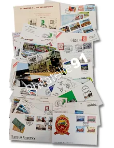 Tous Pays, lot de documents thématiques trains, timbres thématiques