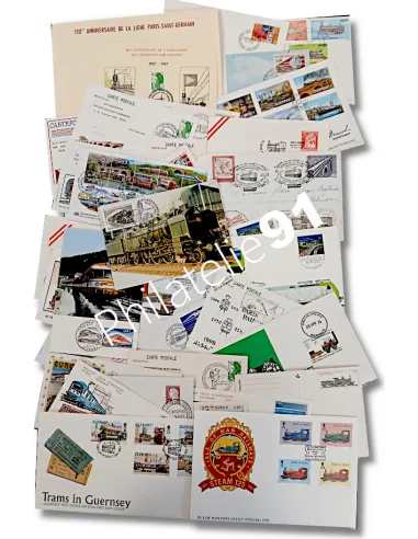 Tous Pays, lot de documents thématiques trains, timbres thématiques
