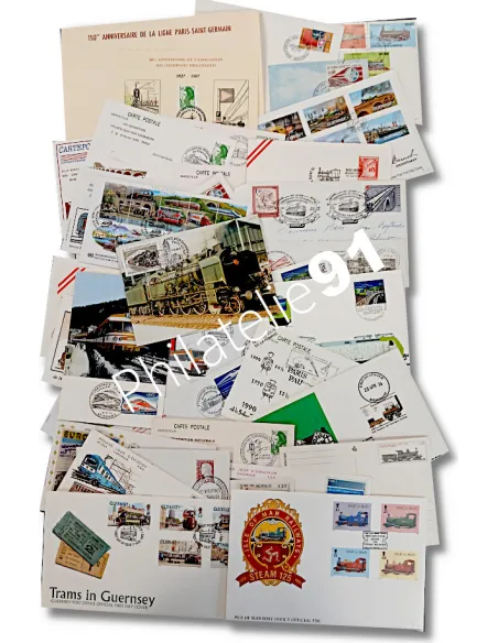 Tous Pays, lot de documents thématiques trains, timbres thématiques