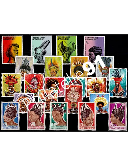 Timbres tous pays, Thème coiffes et coiffures, Lot de timbres tous pays