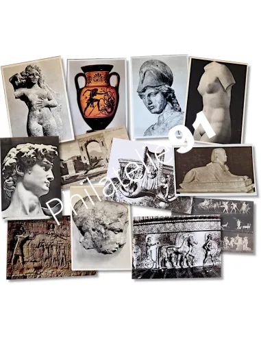 Lot de 12 cartes postales archéologie, timbres thématiques