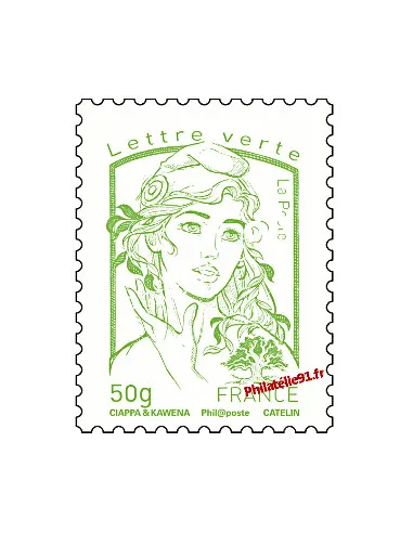 Timbre de France n° 4775 -  lettre verte 50 g, vert-jaune - Marianne et la jeunesse. Type Marianne de Ciappa et Kawena