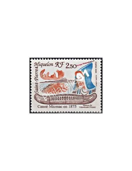 Timbrre de ST PIERRE ET MIQUELON, n° 527, canoë, Collection Dom-Tom