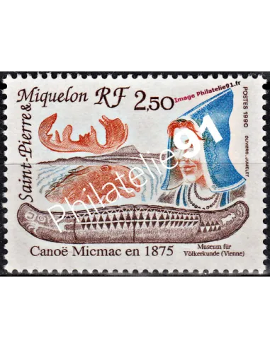 Timbrre de ST PIERRE ET MIQUELON, n° 527, canoë, Collection Dom-Tom