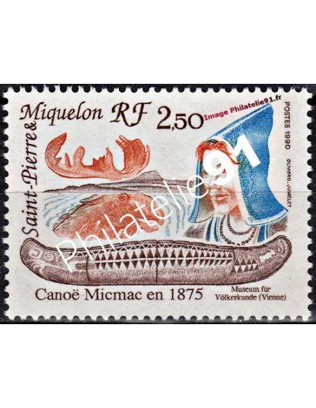 Timbrre de ST PIERRE ET MIQUELON, n° 527, canoë, Collection Dom-Tom