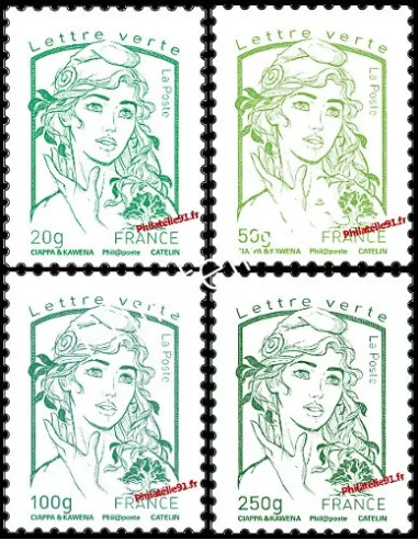 Timbres de France n° 4774 à 4777 -  lettre verte Marianne et la jeunesse. Type Marianne de Ciappa et Kawena