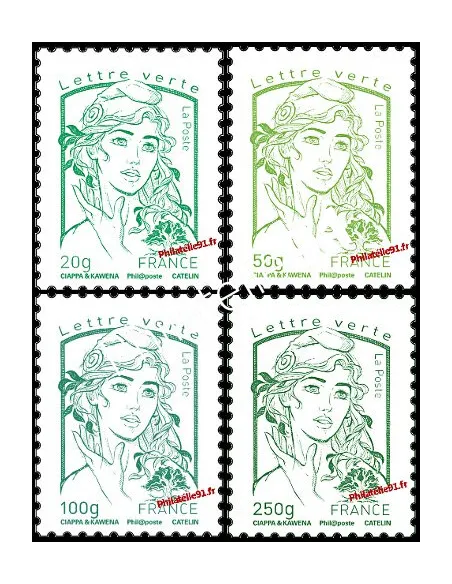 Timbres de France n° 4774 à 4777 -  lettre verte Marianne et la jeunesse. Type Marianne de Ciappa et Kawena
