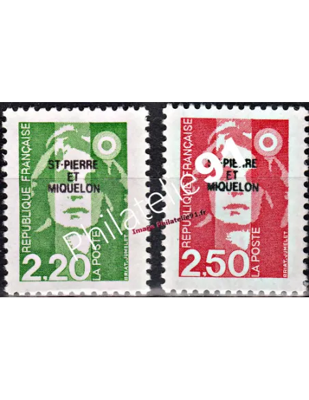 Timbres de ST PIERRE ET MIQUELON n° 552 à 553 - Marianne Bicentenaire surchargée