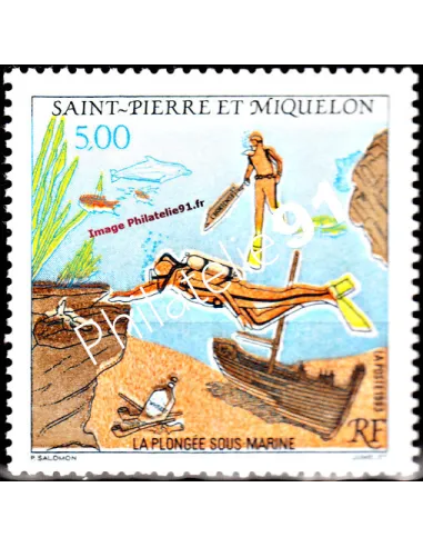 Timbre de St Pierre et Miquelon n° 574, La plongée, collection Dom-Tom
