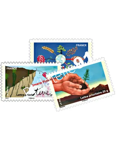 Timbres français autoadhésifs n° 526a, 527a et 537a - Fête du timbre "Le timbre fête la Terre"