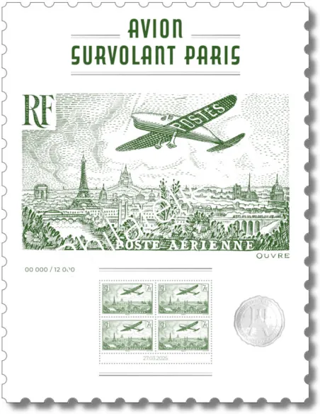 Affiche avion survolant Paris, salon de Printemps 2025, timbres France