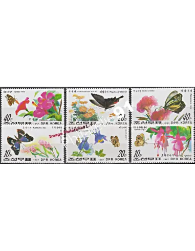 Timbres de Corée du Nord n° 1874 à 1879 - Fleurs - Papillons