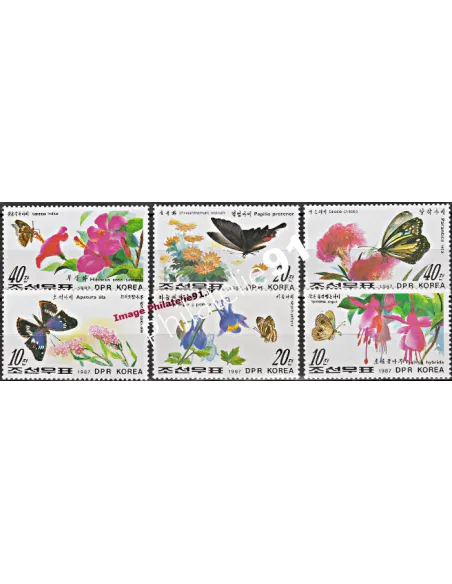 Timbres de Corée du Nord n° 1874 à 1879 - Fleurs - Papillons
