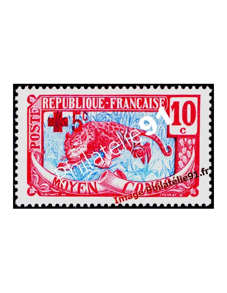Timbre du Moyen-Congo n°66, croix-rouge, panthère, timbre des colonies