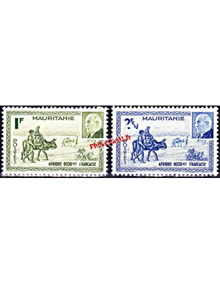 Timbre de Mauritanie 123 à 124. Caravane et Maréchal Pétain, timbres des colonies françaises