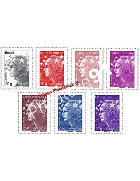 Timbres de France - Les 7 nouvelles Marianne et l'Europe autocollantes du n° 590 au n° 596 - 1er juillet 2011