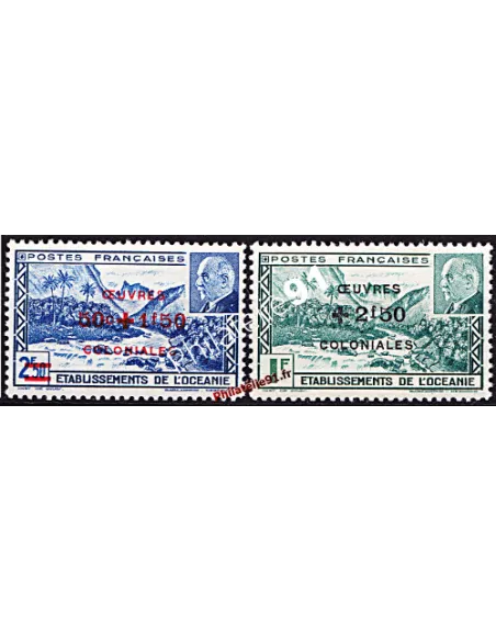 Timbres d’Océanie n° 169 à 170 surchargés œuvres coloniales