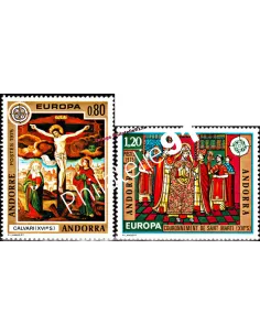 Timbres EUROPA d'ANDORRE FRANÇAIS n° 243 à 244 -  Thématique : Tableaux. Fresques de l'église de la Cortinada.