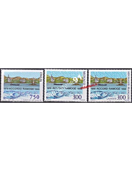 Émission commune, France-Italie-Monaco, n° 3003, 2167 et 3038, timbres Europe