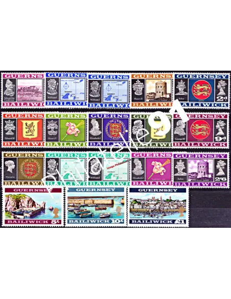 Timbres de GUERNESEY n° 1 à 18 - Effigie de la Reine et sujets divers
