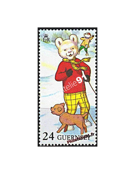 Timbee de GUERNESEY n° 602 - Rupert et son chien - timbre d'Europe