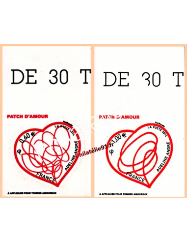 timbres autoadhésifs n° 648 et 649 - Saint Valentin - patch d'amour d'Adeline André émis en feuille de 30 timbres