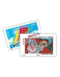 Timbres autocollants d'entreprise : Voilier et Instrument à vent issus du carnet Le timbre fête l’air