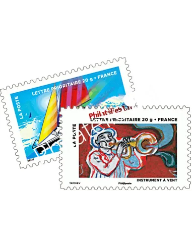 Timbres autocollants d'entreprise : Voilier et Instrument à vent issus du carnet Le timbre fête l’air
