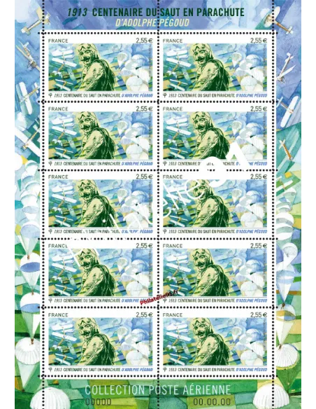 Feuille de timbres de Poste Aérienne n° 76. Centenaire du saut en parachute d'Adolphe Pégoud.