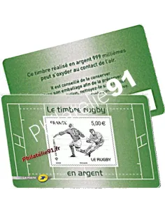 Timbre autoadhésifs n° 597 - Thématique : sport - rugby. Timbre autocollant en argent. La Coupe du Monde de Rugby, sept