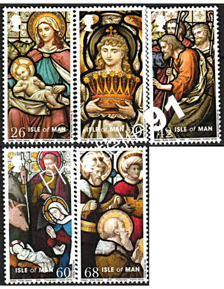 Timbres d'ILE DE MAN n° 1281 à 1285, Noël, vitraux, timbres d'Europe