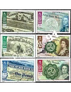 Timbre d'ILE DE MAN n° 1456 à 1461 - Numismatique. Histoire du billet de banque à Man
