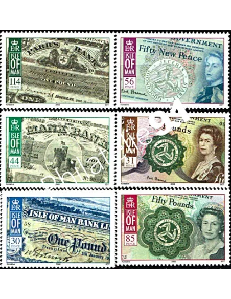 Timbre d'ILE DE MAN n° 1456 à 1461 - Numismatique. Histoire du billet de banque à Man