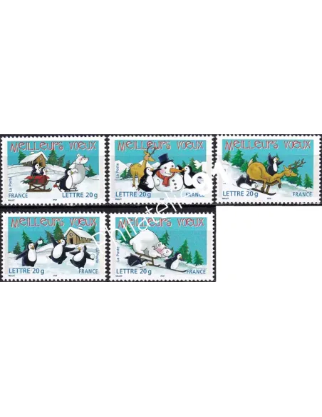 Timbre n° 3853a à 3857a ** (Gomme brillante) - "Meilleurs voeux" - Bonhomme de neige et manchots (250424-2)