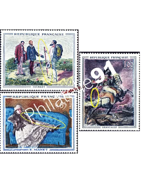 Timbres de France n° 1363a, 1364a et 1365a - Tableaux de Maîtres - Variétés