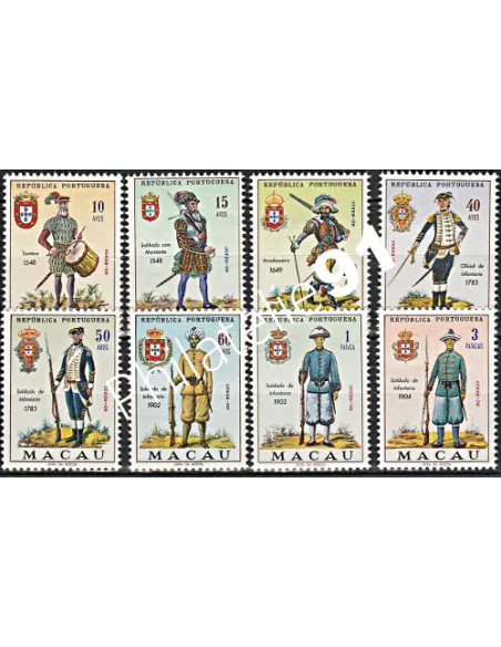 Timbres de Macao n° 403 à 410 - Uniformes et armoiries