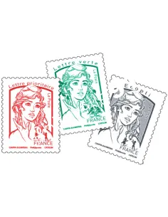 Timbre Marianne rouge, verte, grise,collection timbres France