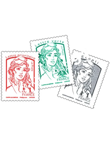 Timbre Marianne rouge, verte, grise,collection timbres France
