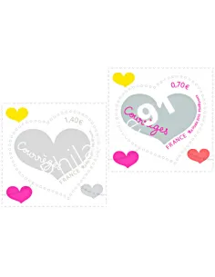 2 timbres Cœurs Courrèges, Saint-Valentin,collection timbres France