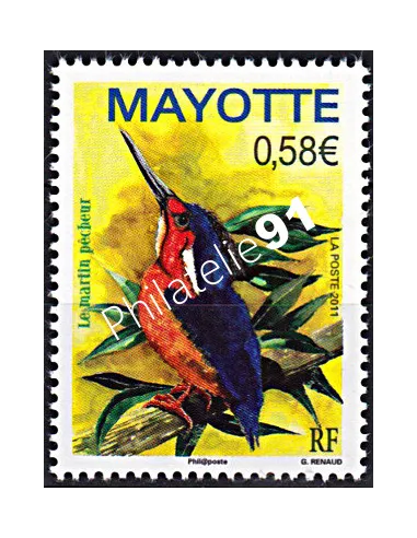 Timbre de Mayotte n° 249, oiseau, martin-pêcheur, timbres des Dom-Tom