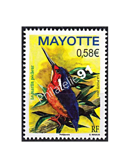 Timbre de Mayotte n° 249, oiseau, martin-pêcheur, timbres des Dom-Tom