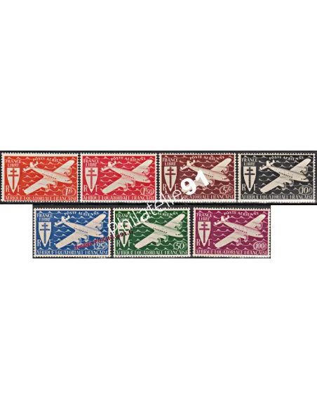 Timbres d'AE.F. n° PA 22 à 28. Avions, timbres des colonies